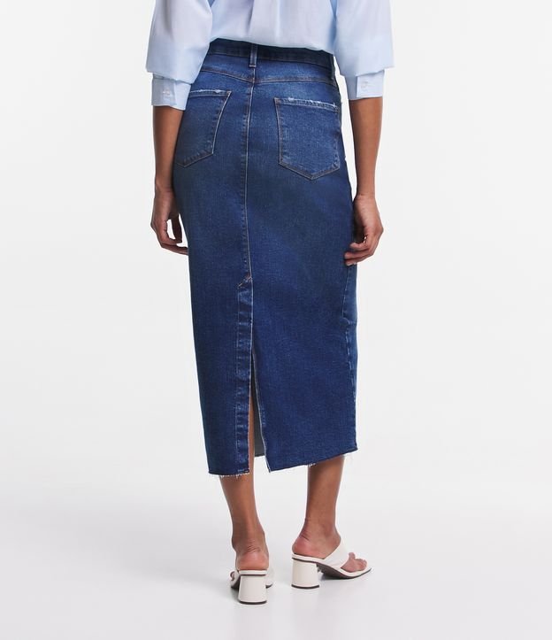 Saia Midi Reta em Jeans com Bolsos e Fenda Azul 3