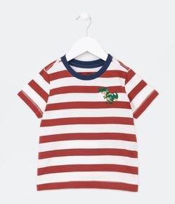 Camiseta Infantil Listradinha com Bordado de Dinossauro no Peito - Tam 1 a 5 anos