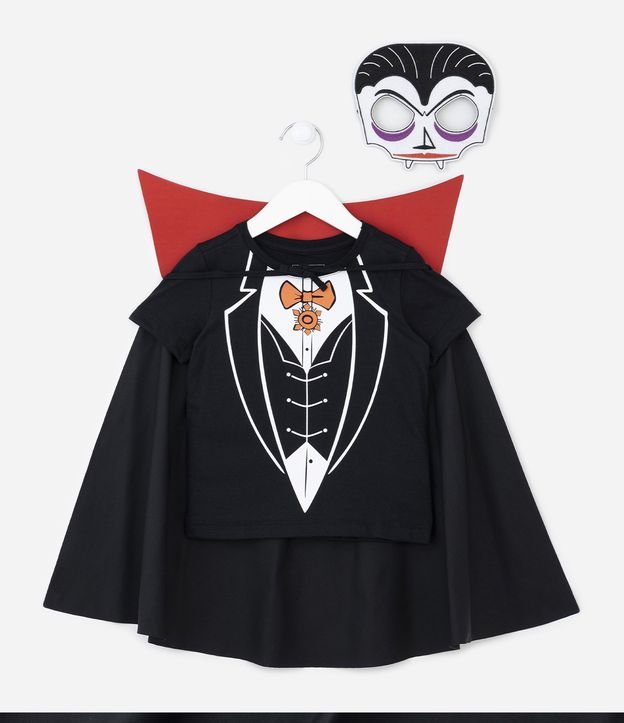 Camiseta Infantil com Estampa do Drácula Acompanha Capa e Máscara - Tam 1 a  5 anos Preto