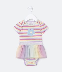 Vestido Body Infantil Listradinho com Saia em Tule e Faixa de Glitter - Tam 0 a 18 meses