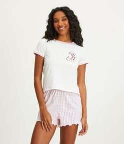 Pijama Curto em Algodão com Estampa de Gatinho e Xadrez Vichy