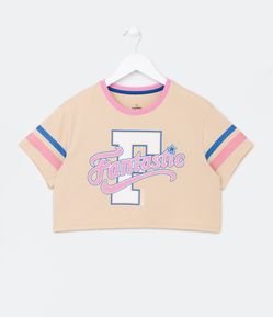 Blusa Cropped com Lettering Fantastic e Listras - Tam 5 a 14 Anos