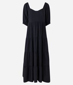 Vestido Midi em Viscose com Lastex e Babado na Saia