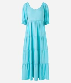 Vestido Midi em Viscose com Lastex e Babado na Saia