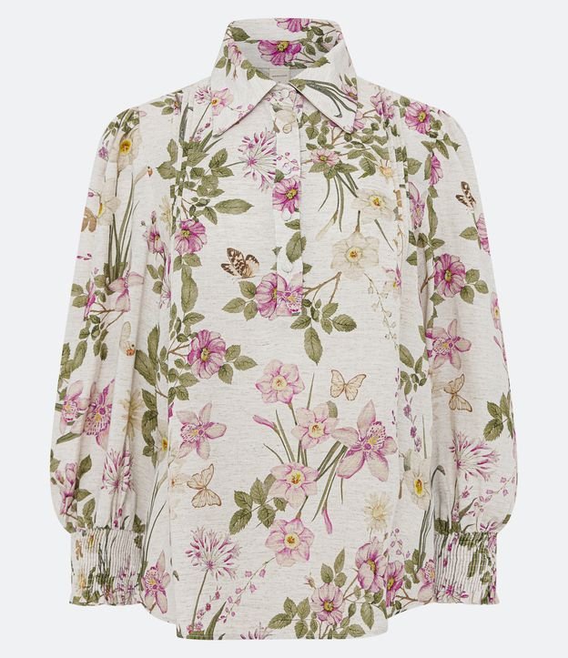 Camisa em Viscolinho Floral com Botões Forrados e Punho em Lástex Bege 5