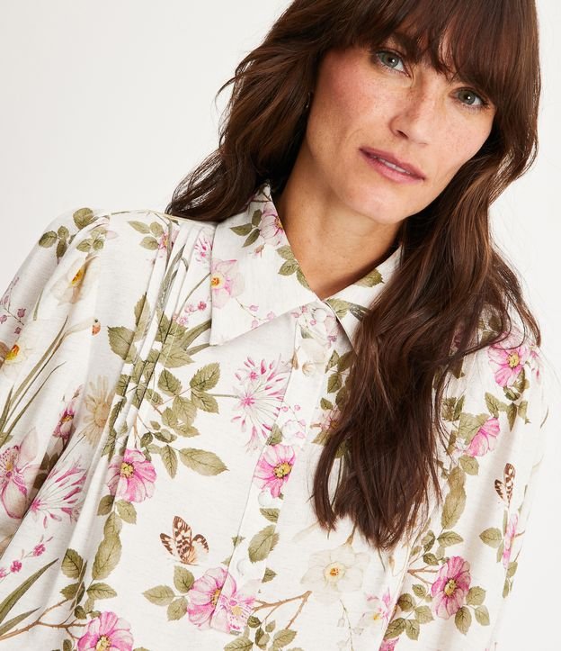 Camisa em Viscolinho Floral com Botões Forrados e Punho em Lástex Bege 1