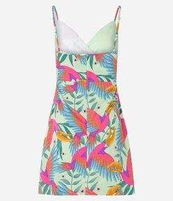 Vestido Curto em Viscose Transpassado com Estampa de Tucanos