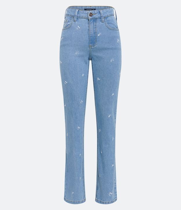 Calça Reta Cintura Média em Jeans Florezinhas Bordadas Azul 5