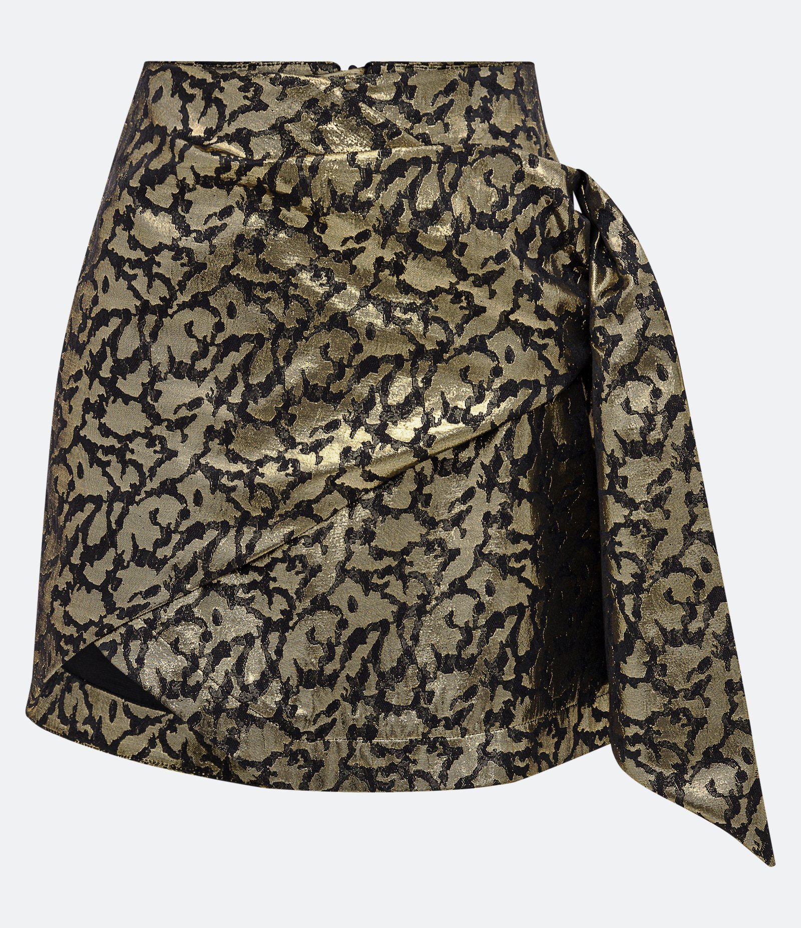 Saia Curta em Jacquard com Cós Diferenciado e Drapeado Lateral Dourado/ Preto 6
