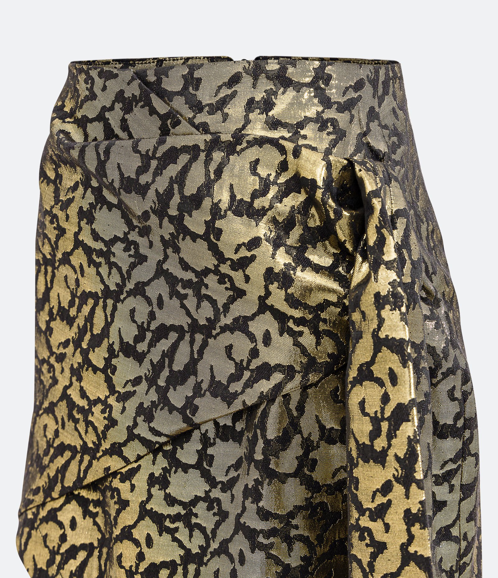 Saia Curta em Jacquard com Cós Diferenciado e Drapeado Lateral Dourado/ Preto 7