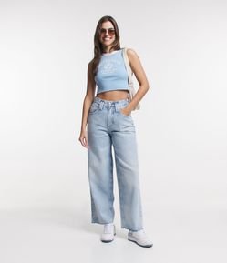 Calça Balloon Jeans com Recorte e Barra Desfiada