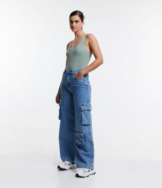 Calça Feminina Jeans Wide Leg Cargo Preta