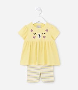 Conjunto Infantil Canelado com Estampa Cara de Bichinho e Listras - Tam 1 a 5 Anos