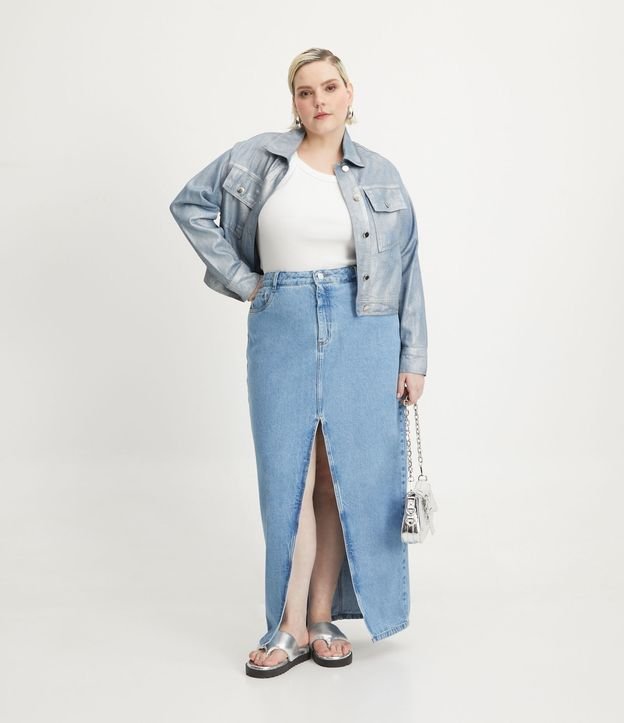 Saia Longa Jeans com Fenda Frontal Curve & Plus Size Azul 1