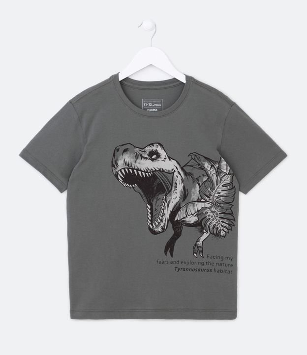 Camiseta Infantil com Estampa de Dino e Folhagens - Tam 5 a 14 Anos Cinza 1