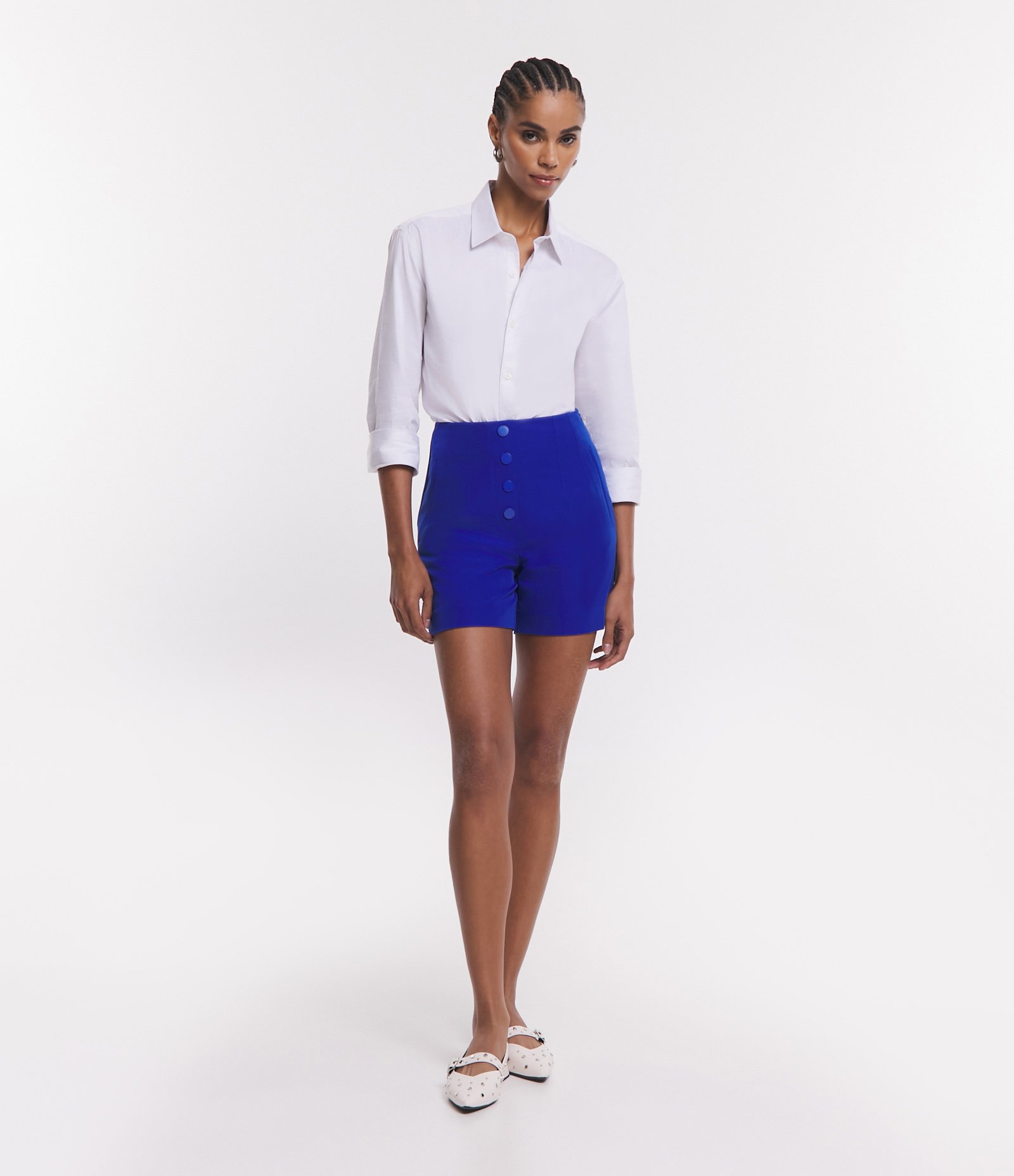 Short Alfaiatado Cintura Alta com Pences e Bolsos Azul 1