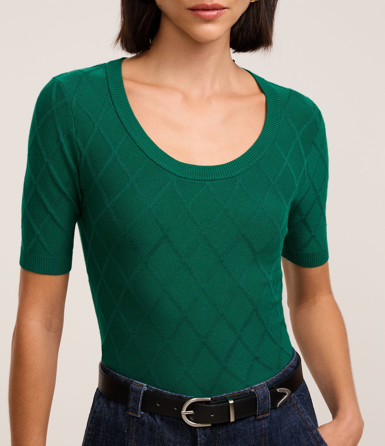 Blusa em Tricô com Losangos em Textura Verde 4