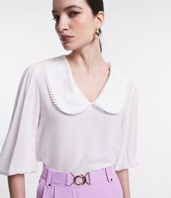 Blusa Manga Bufante em Viscose com Gola Boneca e Texturas