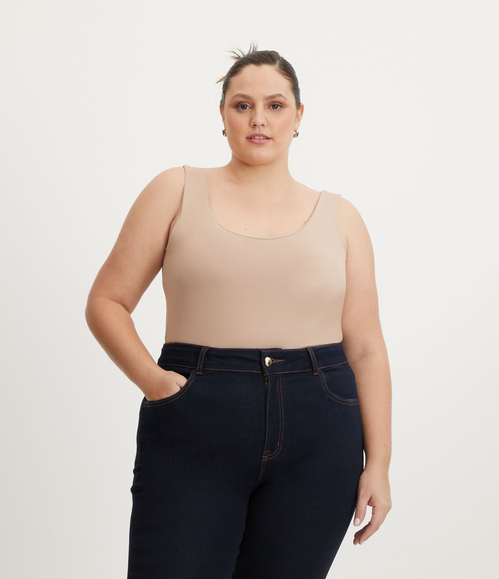 Blusa Regata em Poliamida com Alças Largas Curve & Plus Size Bege 1