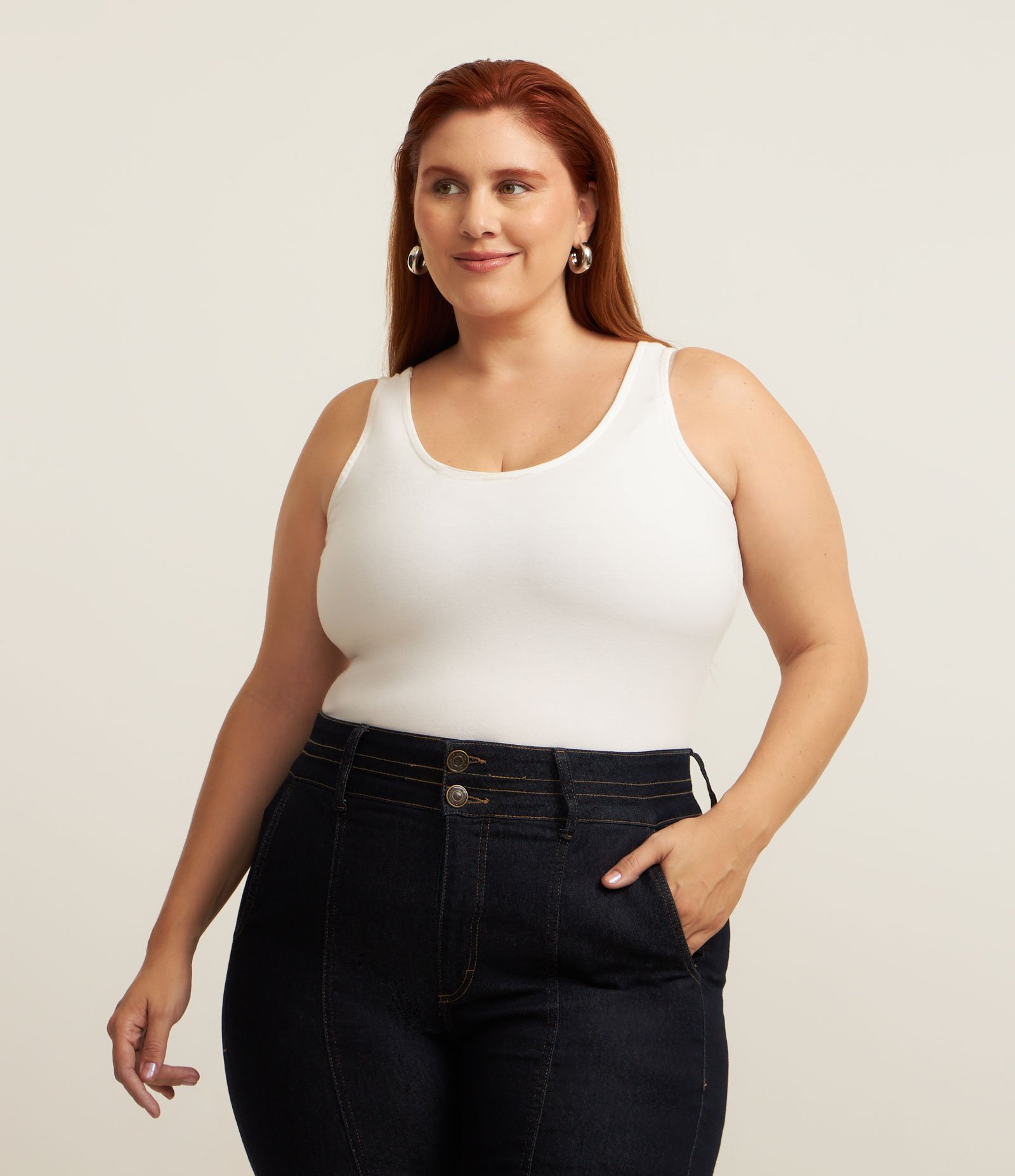 Blusa Regata em Poliamida com Alças Largas Curve & Plus Size Off White 1