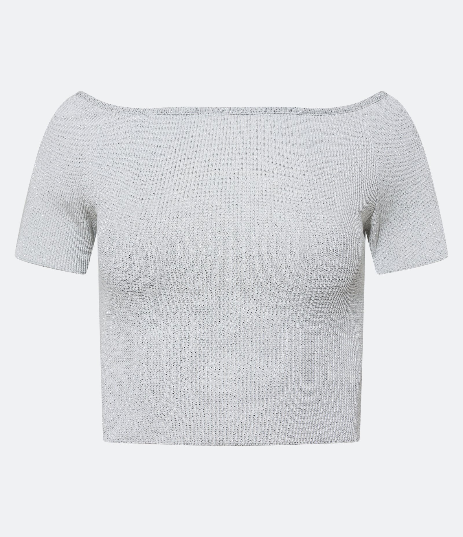 Blusa Cropped em Meia Malha com Decote Ombro a Ombro e Fio Metalizado Branco 1