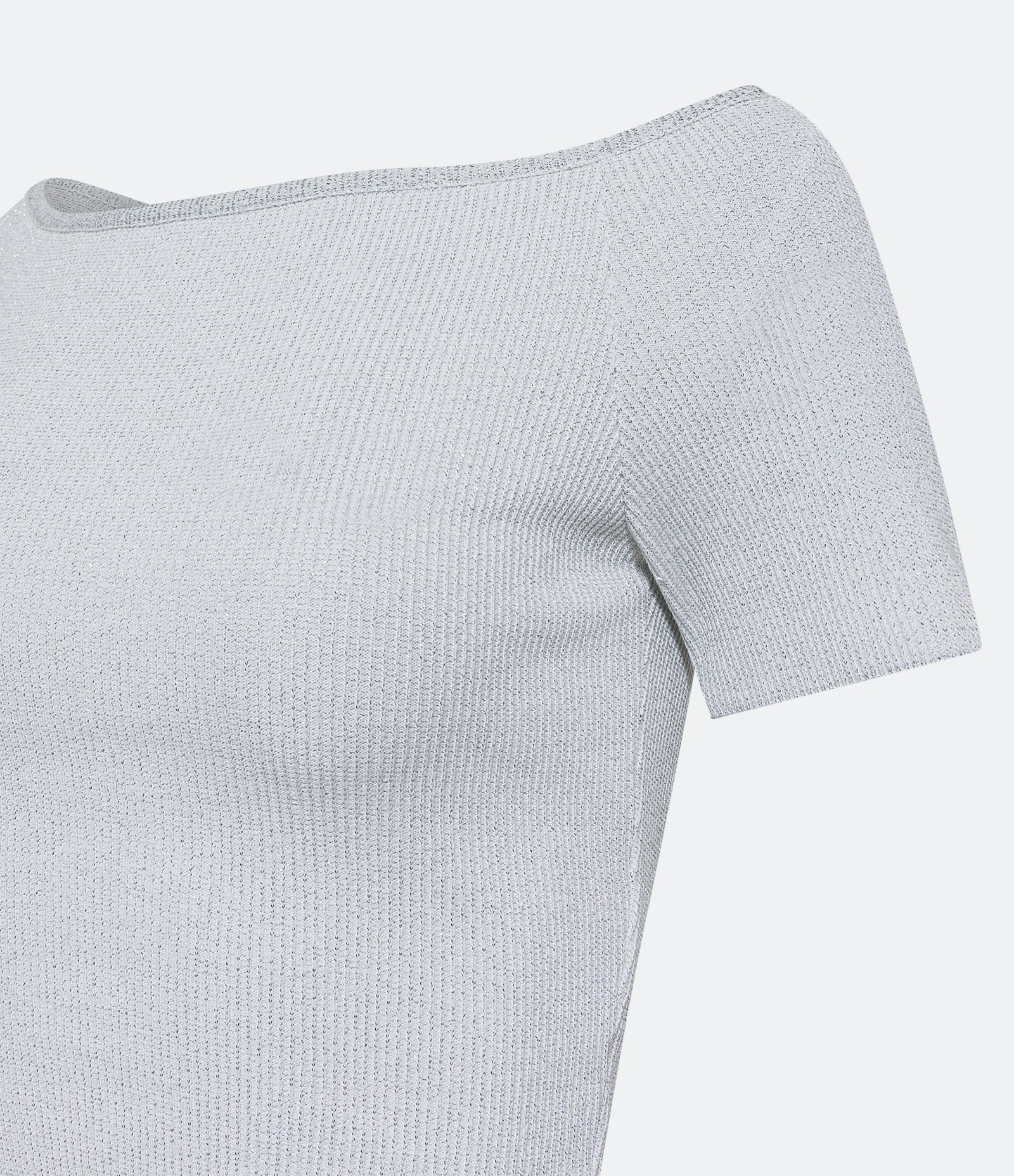 Blusa Cropped em Meia Malha com Decote Ombro a Ombro e Fio Metalizado Branco 2