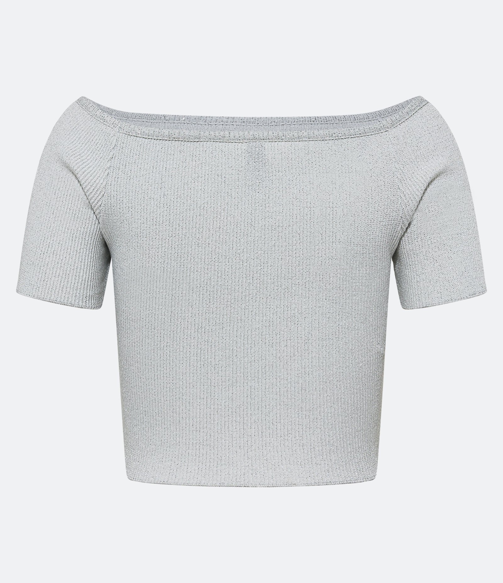 Blusa Cropped em Meia Malha com Decote Ombro a Ombro e Fio Metalizado Branco 3