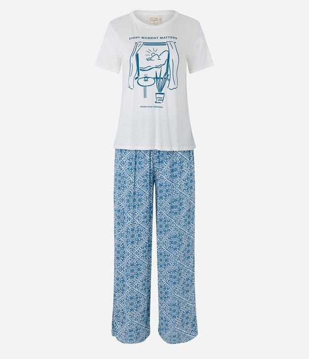 Pijama Longo em Viscolycra com Calça Ampla e Estampa Vista da Janela e Arabescos Branco/ Azul 5