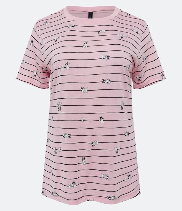 Remera en Media Malla Rayada con Estampado de Gatos y Perros Rosado 5