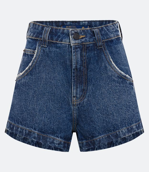 Short Cintura Alta em Jeans com Bolso Diferenciado e Faixa de Brilhos Laterais Azul 5
