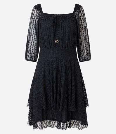 Vestido Curto Manga 3/4 Bufante em Renda Texturizada com Sobreposição Menor preço em Vestido Curto Manga 3/4 Bufante em Renda Texturizada com Sobreposição