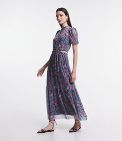 Vestido Longo Manga Bufante em Tule Floral com Aberturas Laterais