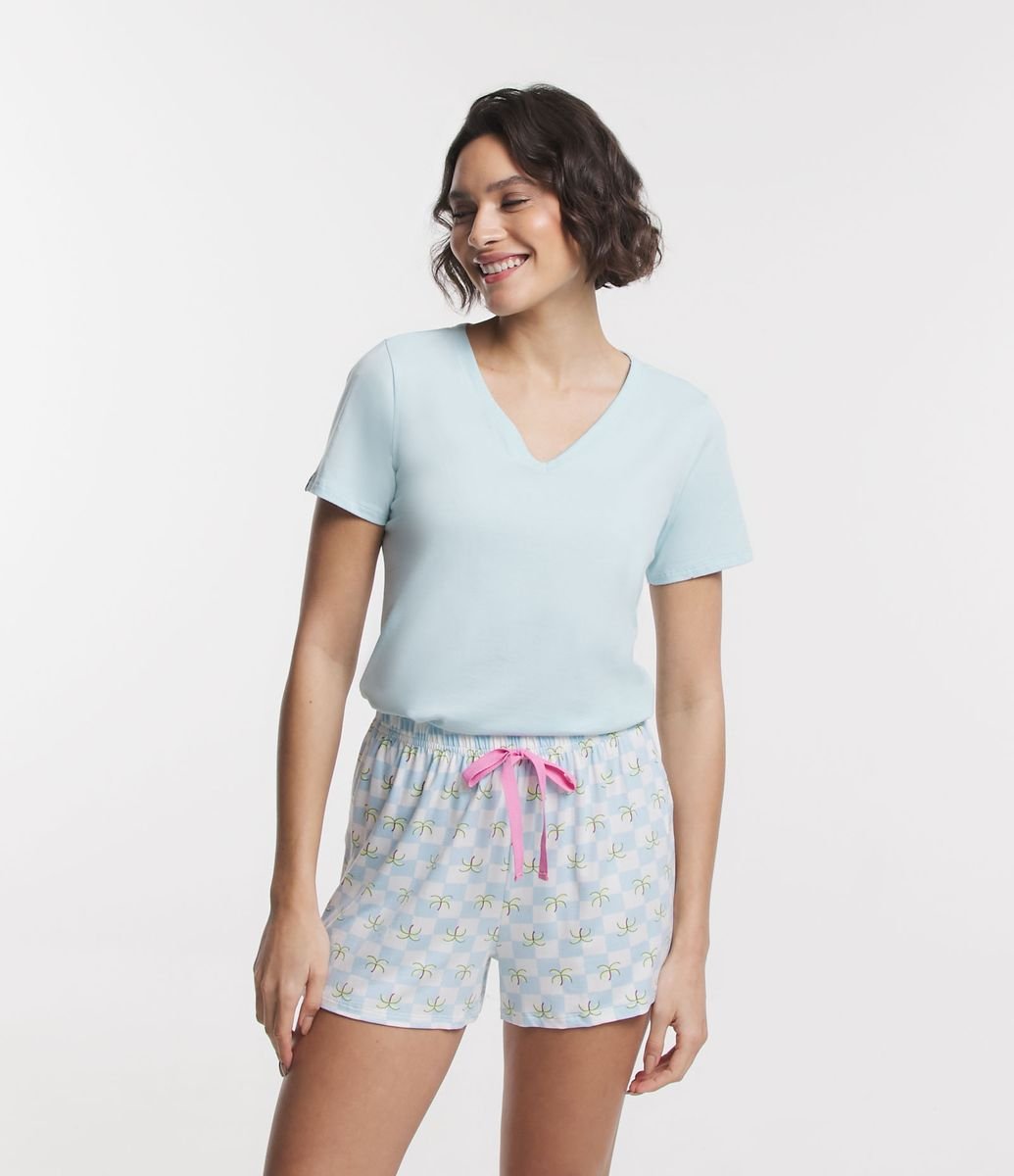 Pijama Adulto Alcinha Ted Xadrez c/ Calça Xadrez Azul Claro - Vitrine Rose