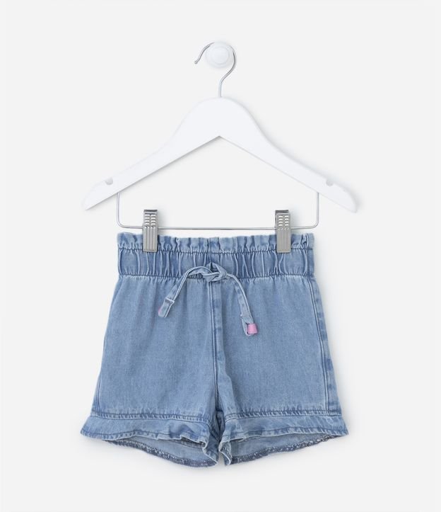 Short Jeans Infantil com Cintura Larga Elástica e Babadinho na Barra - Tam 1 a 5 anos Azul 1