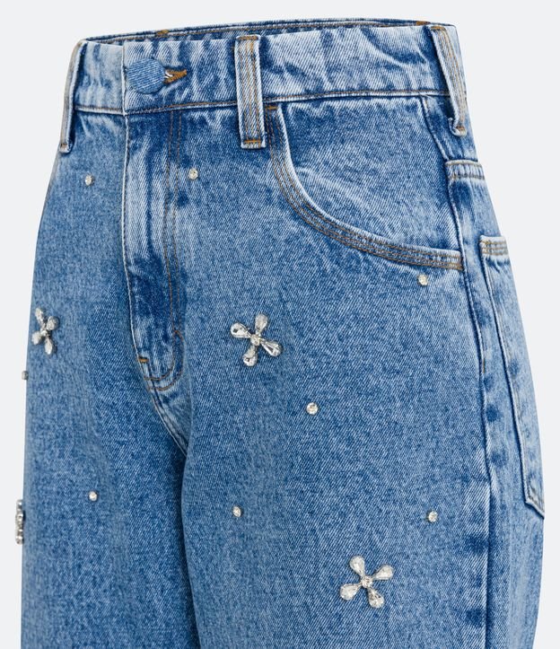 Calça Reta Cintura Alta em Jeans com Bolsos e Brilho Aplicado Azul 7