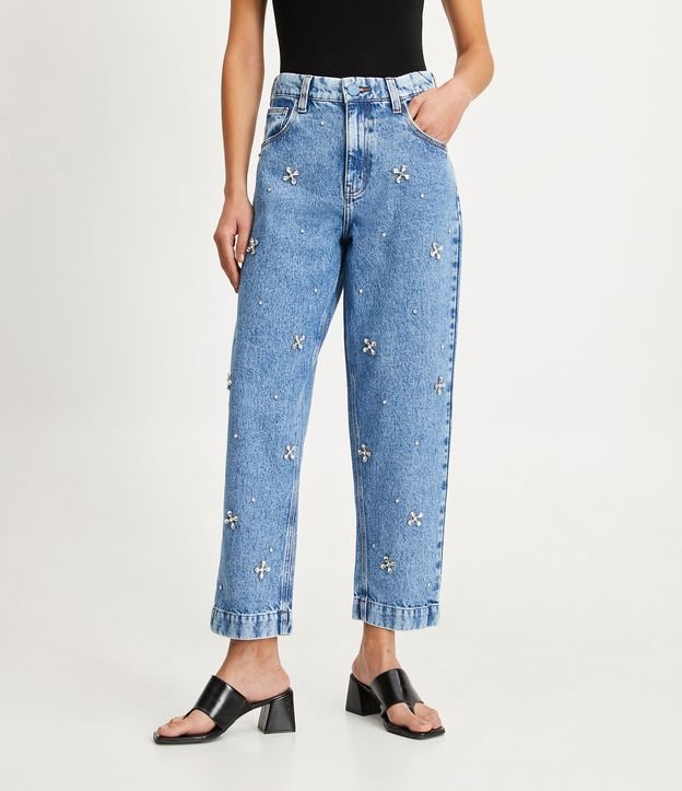 Calça Reta Cintura Alta em Jeans com Bolsos e Brilho Aplicado Azul 2