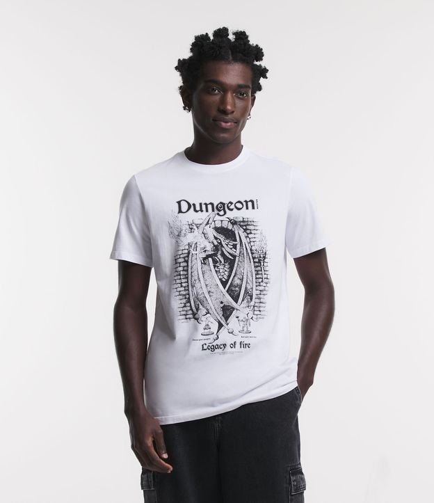 Camiseta Regular em Meia Malha com Estampa de Dragão Dungeon Branco 1