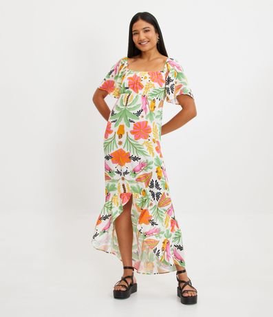 Vestido New Midi em Viscose com Estampa Tropical Menor preço em Vestido New Midi em Viscose com Estampa Tropical