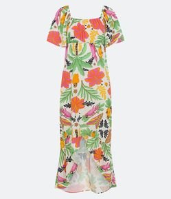 Vestido New Midi em Viscose com Estampa Tropical