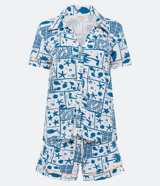 Pijama Americano Curto em Viscolycra com Estampa Tropical Branco/ Azul 5