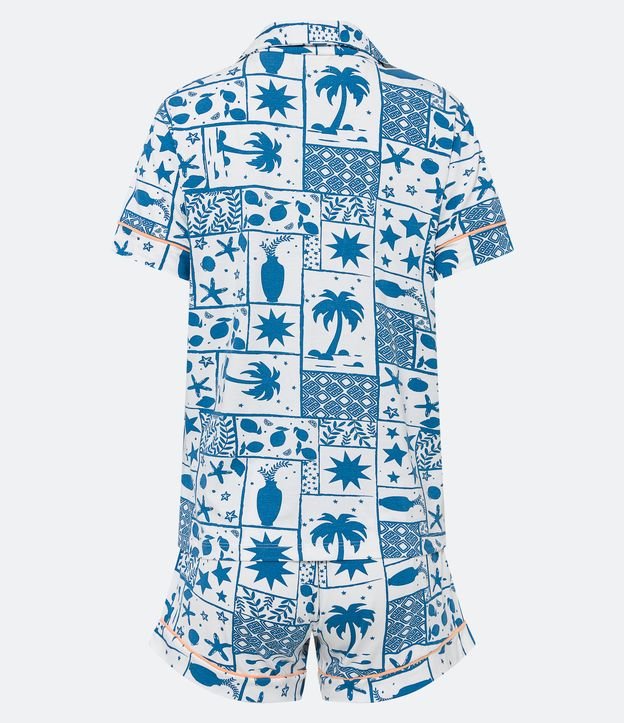 Pijama Americano Curto em Viscolycra com Estampa Tropical Branco/ Azul 6