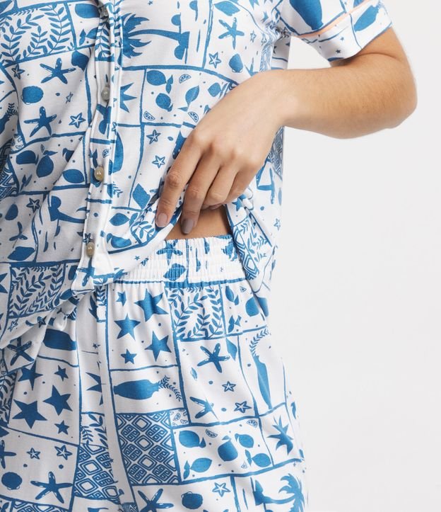 Pijama Americano Curto em Viscolycra com Estampa Tropical Branco/ Azul 4