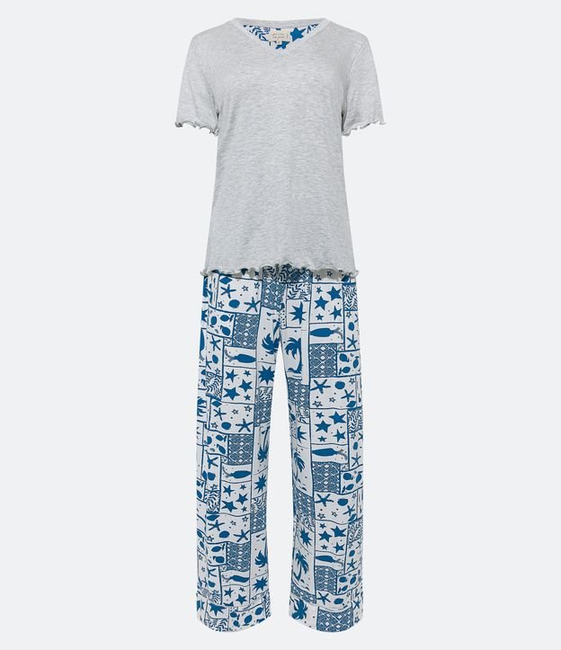 Pijama Largo en Viscolycra con Blusa Acanalada y Pantalón Estampado de Peces Gris 5