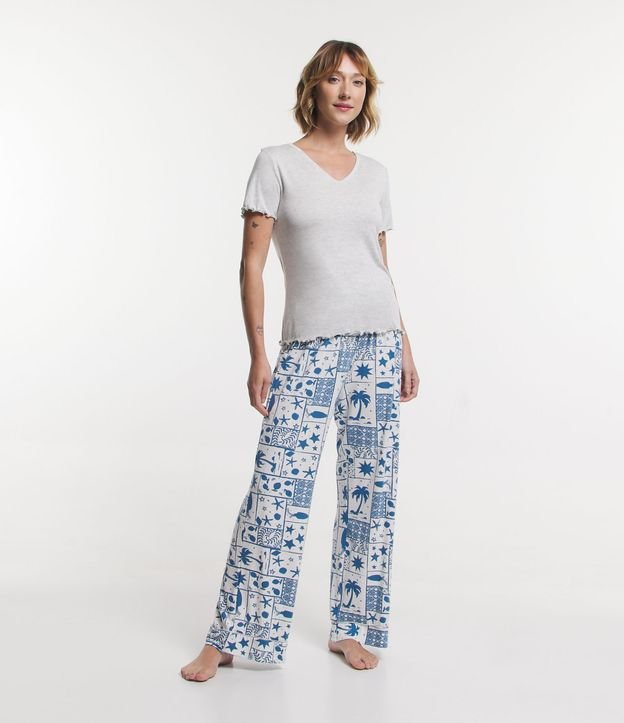 Pijama Largo en Viscolycra con Blusa Acanalada y Pantalón Estampado de Peces Gris 1