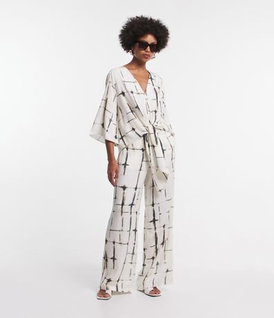 Conjunto Completo Kimono e Pantalona + Body Decote V Off White | 3 Peças 