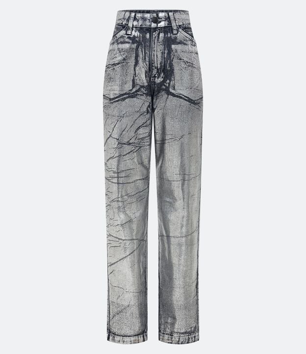 Calça Reta Cintura Alta em Jeans Metalizado com Bolsos Prata 6