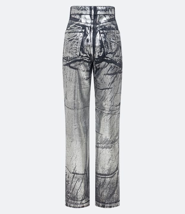 Calça Reta Cintura Alta em Jeans Metalizado com Bolsos Prata 7