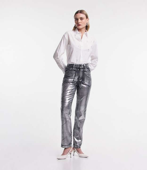 Calça Reta Cintura Alta em Jeans Metalizado com Bolsos Prata 1