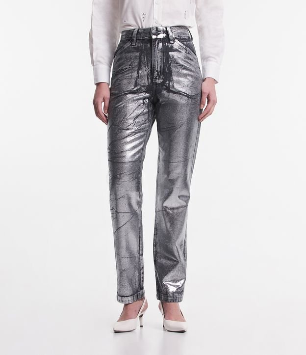 Calça Reta Cintura Alta em Jeans Metalizado com Bolsos Prata 2