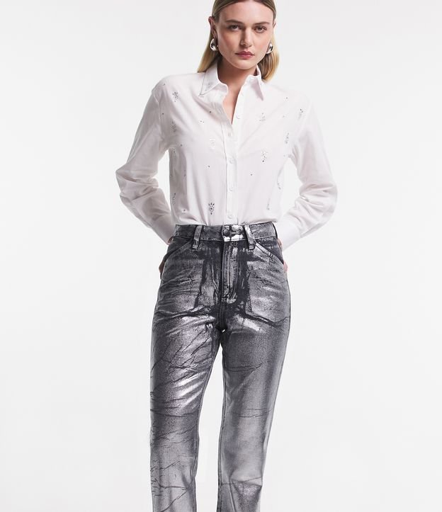 Calça Reta Cintura Alta em Jeans Metalizado com Bolsos Prata 3